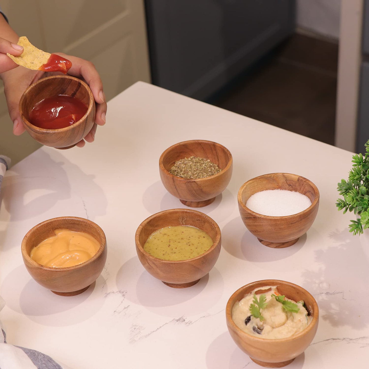 LAVAUX DESIGNS Set of 6 Acacia wood small bowls, 4 fl oz 3.25 * 2 inches | Hand carved wooden Kitchen Mini Cups for Dips, Sauce, Nuts, Prep, Spice & LAVAUX DESIGNS