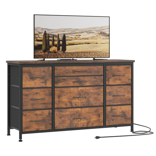 Jojoka Wide Dresser with 10 Large Drawers for 55'' Long TV Stand with Power Outlet Entertainment Center, Storage Fabric Drawer Unit for Bedroom, - WoodArtSupply