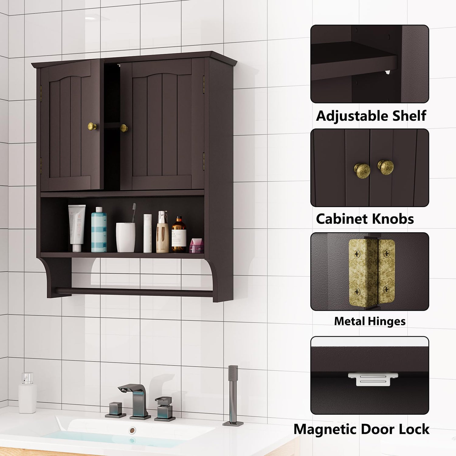 Mino Kesper Wooden Bathroom Wall Cabinet with Adjustable Shelf and Towel Rack Mino Kesper