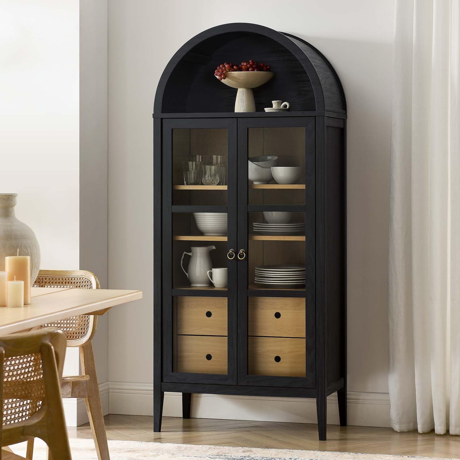 Modway Nolan Modern Farmhouse 71" Tall Arched Storage Display Cabinet in Black Oak Wood Grain - WoodArtSupply