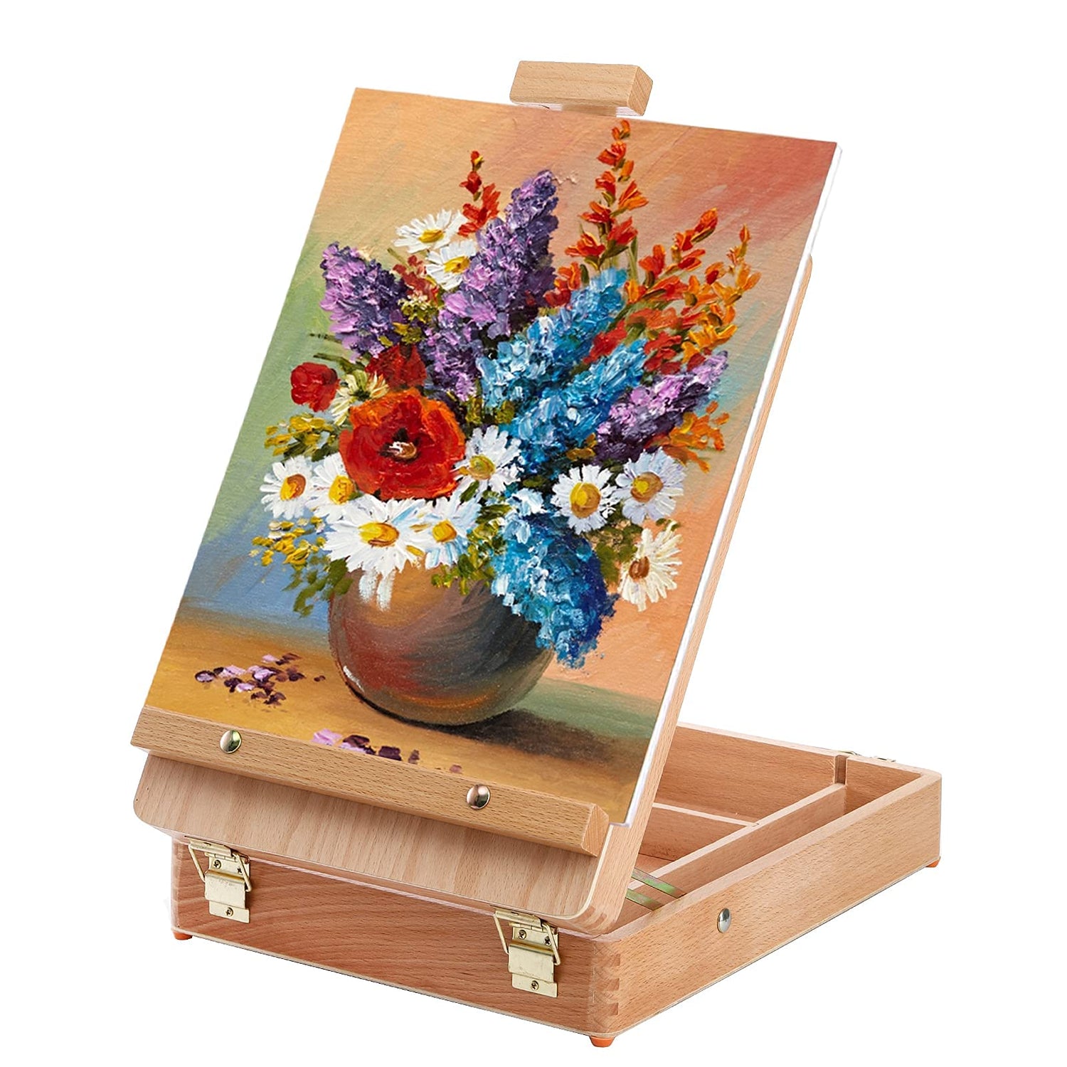 DEAYOU Wood Tabletop Easel Storage Box, Beechwood Portable Sketchbox for Painting, Adjustable Wooden Desktop Drawing Easel Case for Art Supplies, DEAYOU