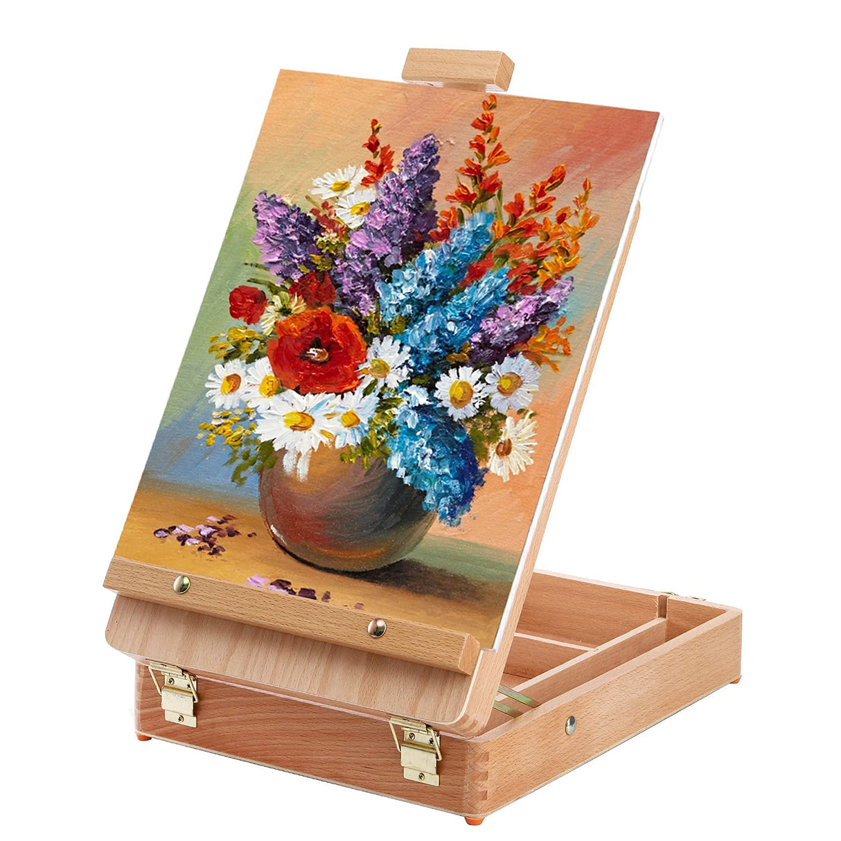 DEAYOU Wood Tabletop Easel Storage Box, Beechwood Portable Sketchbox for Painting, Adjustable Wooden Desktop Drawing Easel Case for Art Supplies, DEAYOU