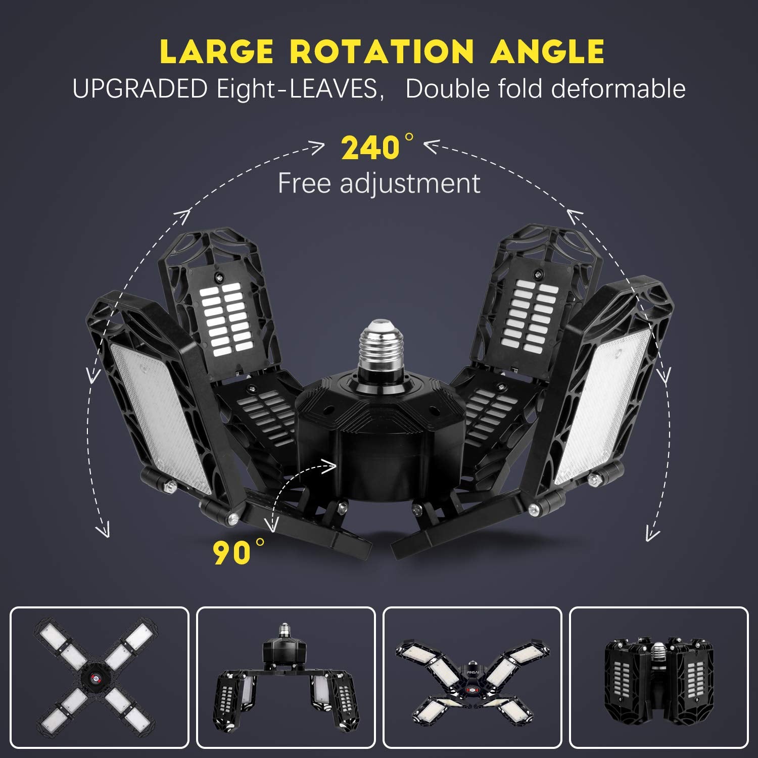 PINSAI LED Garage Light,Super Bright Screw in E26/E27 Ceiling Shop Work Lamp, 150W 15000 Lumen Deformable Basement Bulb Fixture with 8 Adjustable PINSAI