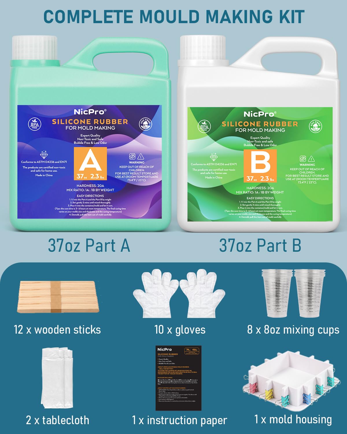 Nicpro 74oz Silicone Mold Making Kit, Platinum Liquid Silicone Rubber for Mold Maker, Jade Green Flexible & Food Safe Mix Ratio 1:1 for Casting 3D Nicpro