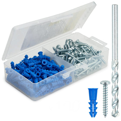Qualihome Ribbed Plastic Drywall Anchor Kit - Wall Anchors and Screws for Drywall Includes Anchors, & Screws, 1 Masonry Drill Bit  - Mounting Tolls