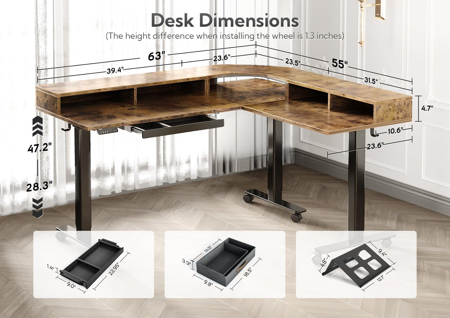 Claiks Triple Motor 63" L Shaped Standing Desk with Drawers, Electric Standing Desk Adjustable Height, Corner Stand up Desk with Splice Board, Black - WoodArtSupply