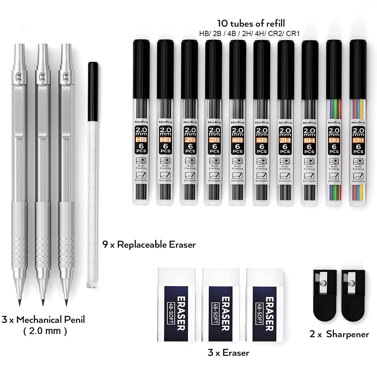 Nicpro Metal 2.0 Mechanical Pencil Set with Case, 3 PCS Drafting Lead Holder with 10 Tubes 2mm Graphite Lead Refill(HB 2H 4H 2B 4B) &Colors, Nicpro