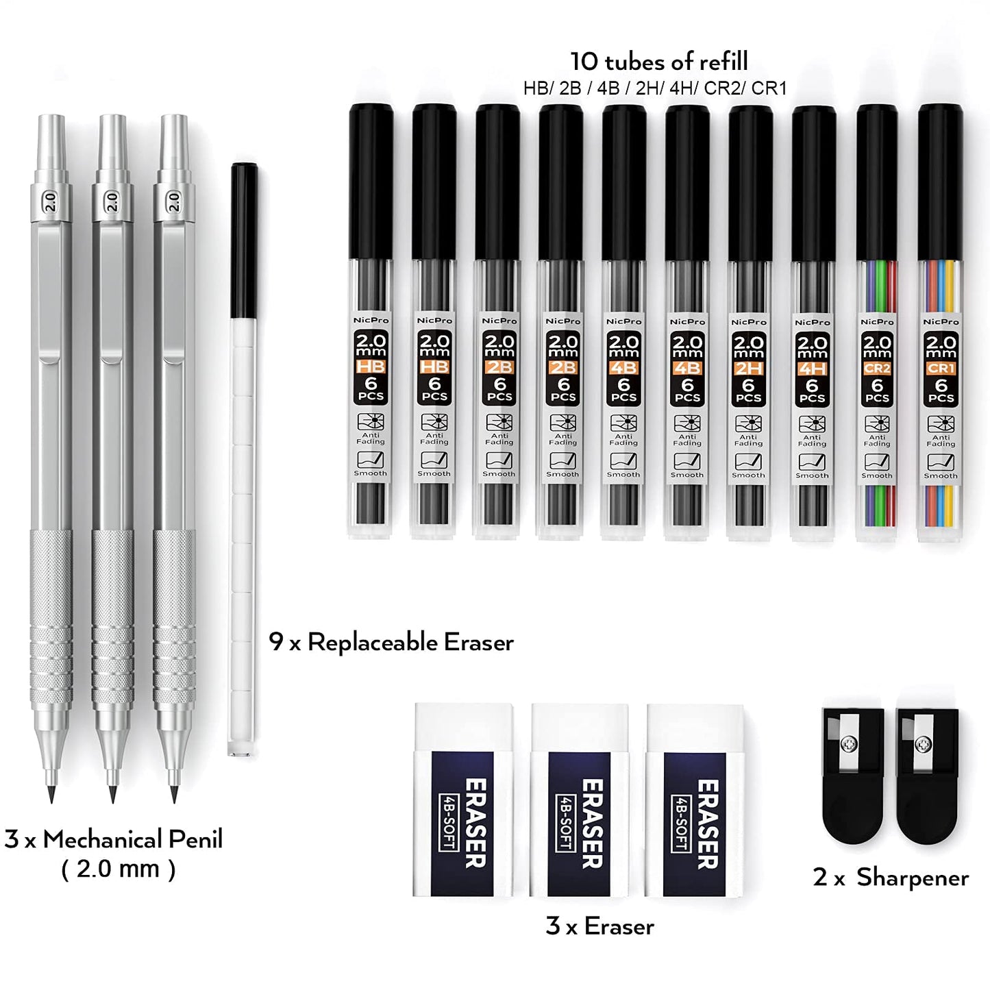 Nicpro Metal 2.0 Mechanical Pencil Set with Case, 3 PCS Drafting Lead Holder with 10 Tubes 2mm Graphite Lead Refill(HB 2H 4H 2B 4B) &Colors, - WoodArtSupply