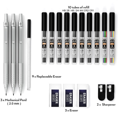 Nicpro 0.5 mm Art Mechanical Pencils Set in Storage Case, 3 PCS Metal  Drafting Pencil Lead Pencil with 6 Tube HB Lead Refills, 3 Erasers, 9 PCS  Eraser