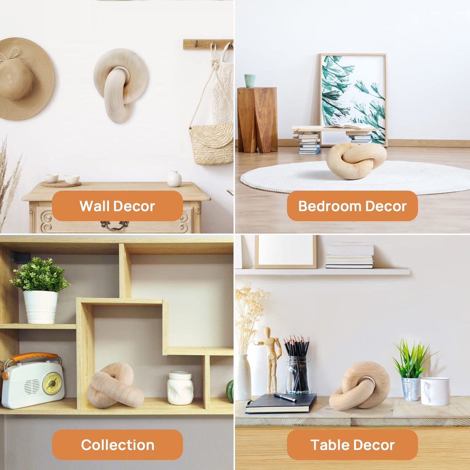 POPRHINO Wood Chain Decor, 2-Link Decorative Chain Hand Carved Boho Wood Knot Decor for Bookshelf Desk Living Room Coffee Table Farmhouse Wood Decor POPRHINO