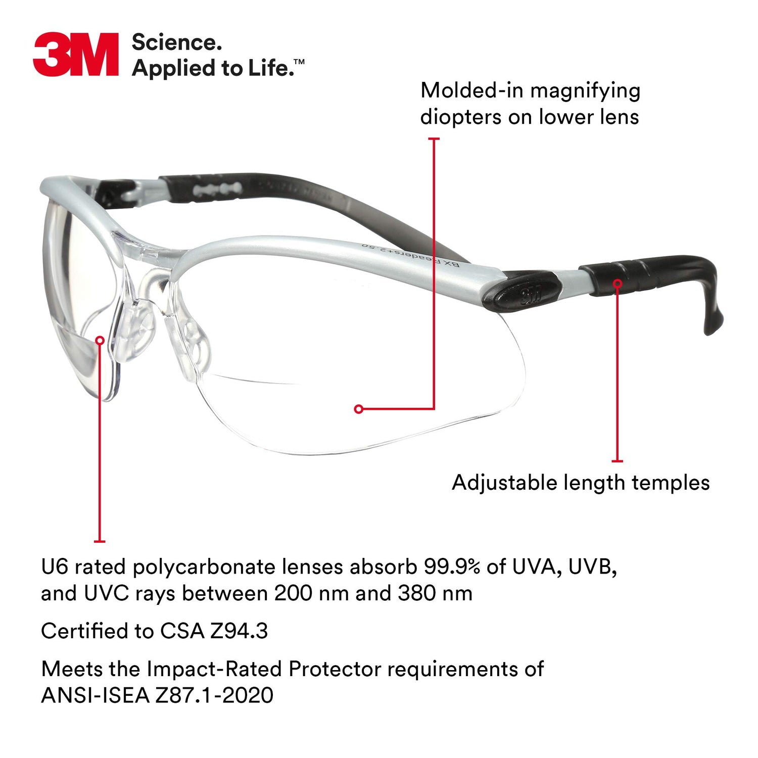 3M Safety Glasses with Readers, BX, +2.5, ANSI Z87, Anti-Fog Anti-Scratch Clear Lens, Silver Frame, Adjustable Length Temples and Lens Angle 3M
