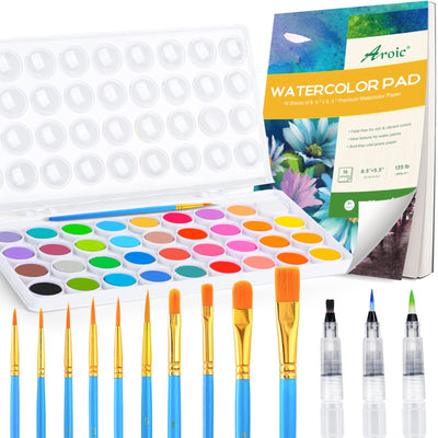 AROIC 65 Pieces Watercolor Paint Set，36 Colors Watercolor，10 Brushes，3 Refillable Water Brush Pens，16 Page Pad（8.5 * 5.5in），Profesional Watercolor