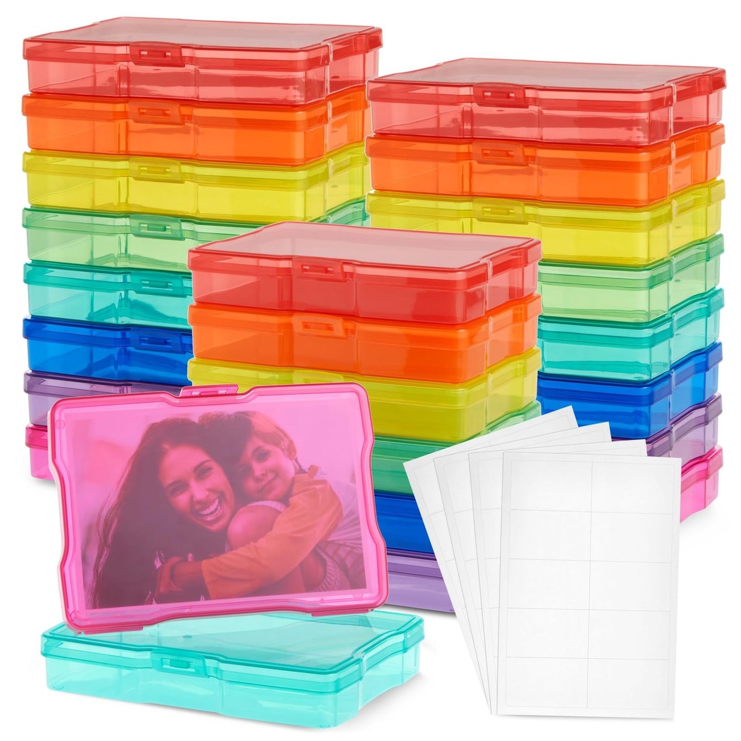 Bright Creations 24 Pack Photo Storage Boxes for 4x6 Pictures with 40 Blank Labels, Rainbow Colored Cases, Greeting Card Organizer (64 Total Pieces) - WoodArtSupply