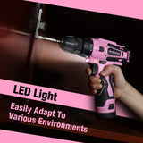WORKPRO 12V Pink Cordless Drill Driver and Home Tool Kit, Hand Tool Set for DIY, Home Maintenance, 14-inch Storage Bag Included - Pink Ribbon WORKPRO
