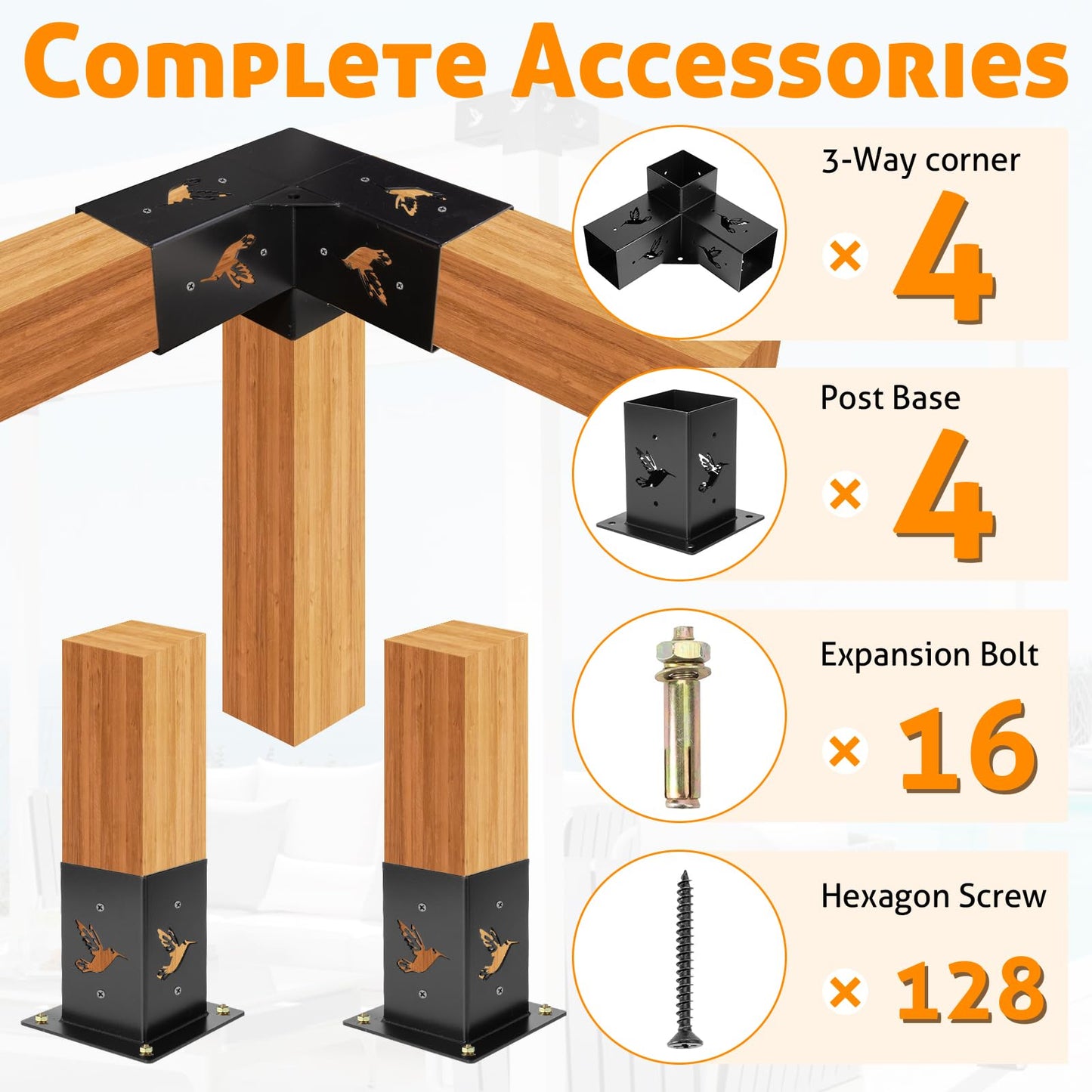 WICHEMI Pergola Kit, 4x4 Pergola Bracket Kit 3-Way Right Angle Corner Bracket with Pergola Post Base for 4x4 (Actual: 3.82x3.82) Lumber DIY Wood - WoodArtSupply