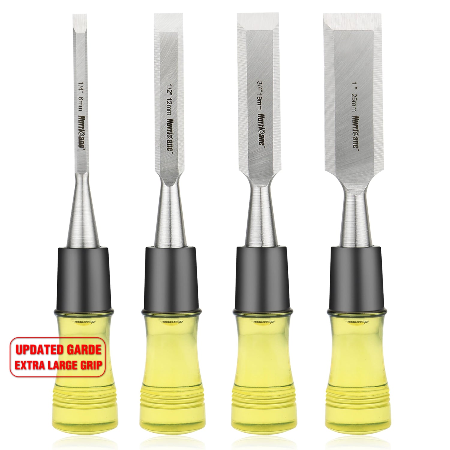 HURRICANE 4 Piece Wood Chisel Set for Woodworking, CRV Steel Beveled Edge Sharp Blade with Caps, Extra Large Size Durable PVC High Impact Handle, HURRICANE