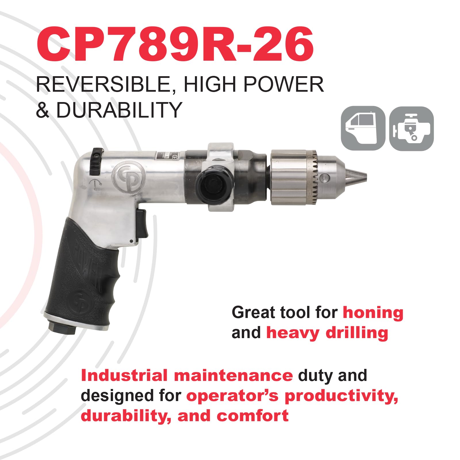 Chicago Pneumatic CP789R-26 - Air Power Drill, General Maintenance, 3/8 Inch (10mm), Reversible, Keyed Chuck, Aluminum Housing, Pistol Handle, 0.43 - WoodArtSupply