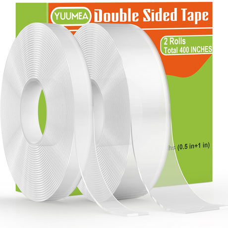 YUUMEA Double Sided Tape, Nano Mounting Tape Heavy Duty (2 Sizes, Total 400 INCHES), Clear Two Sided Wall Tape, Removable Picture Hanging Adhesive YUUMEA