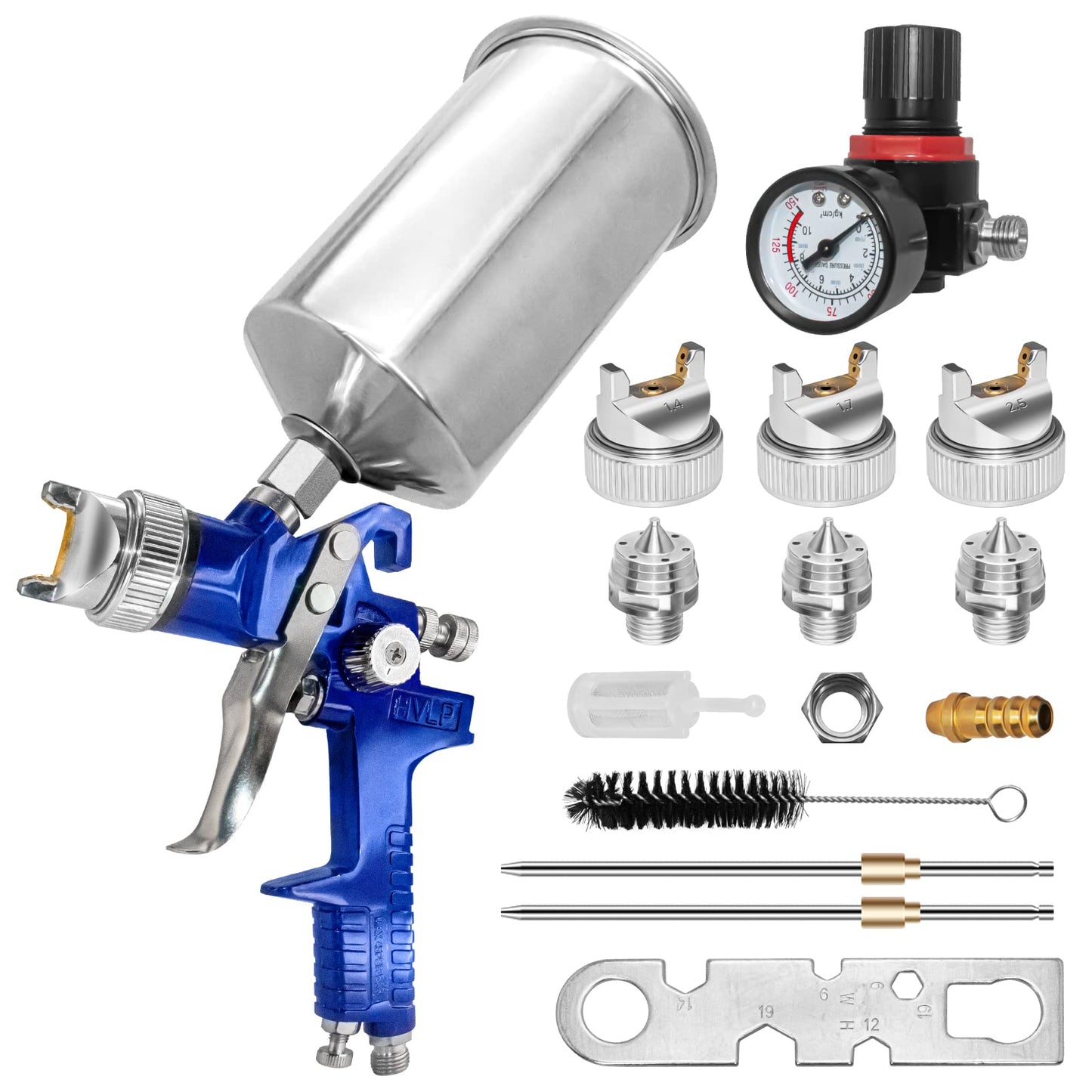 Auto Paint Spray Gun Kit: HVLP Gravity Feed Spray Gun with 1.4mm 1.7mm 2.5mm Nozzles, Air Spray Gun with 1000cc Aluminum Cup & Gauge for Auto Paint, - WoodArtSupply