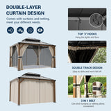 UDPATIO 10' x 12' Hardtop Gazebo, Wood Grain Finish Aluminum Frame Outdoor Gazebo with Galvanized Steel Double Roof, Metal Gazebo Canopy with Curtain UDPATIO