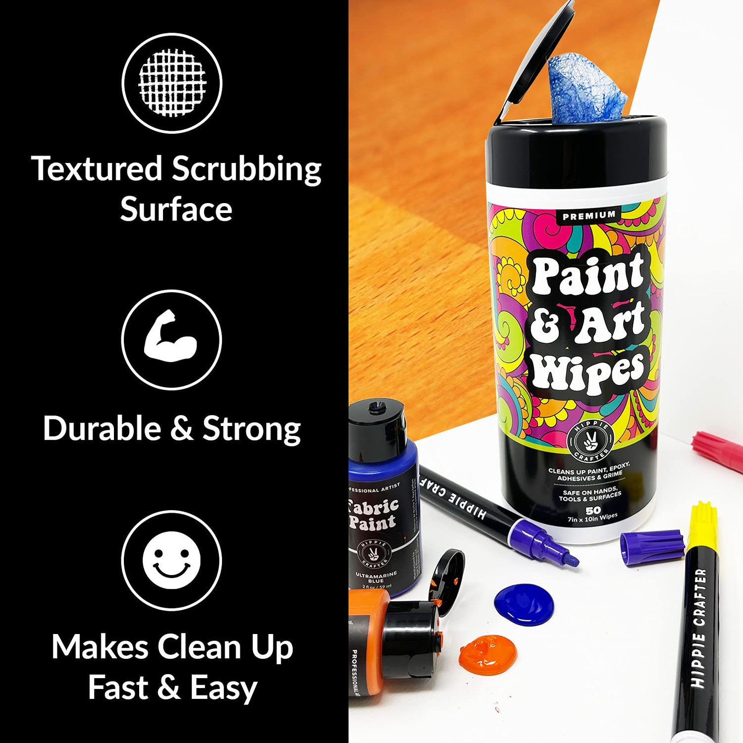Paint & Art Wipes Paint Remover Wipes Cleaner Epoxy Glue Stains Latex, Acrylic Hand Cleaner and Plastic, Metal or Wood Surfaces, Floors, Brushes, HIPPIE CRAFTER