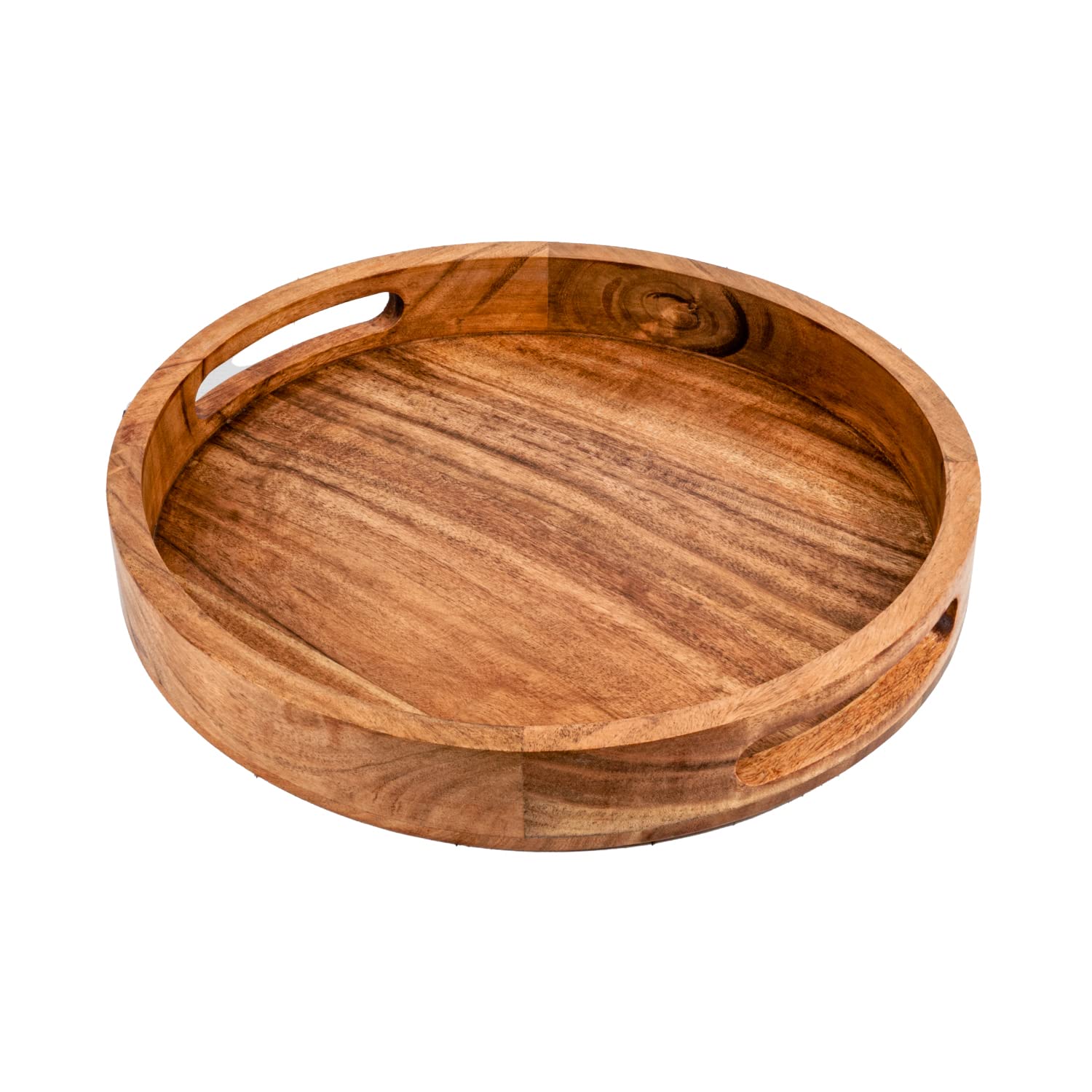 Samhita Round Serving Acacia Wooden Tray with Handles for Serving Beverages & Food on Bar Living Room Home Dining Table (12" x 12" x 1.6") Samhita
