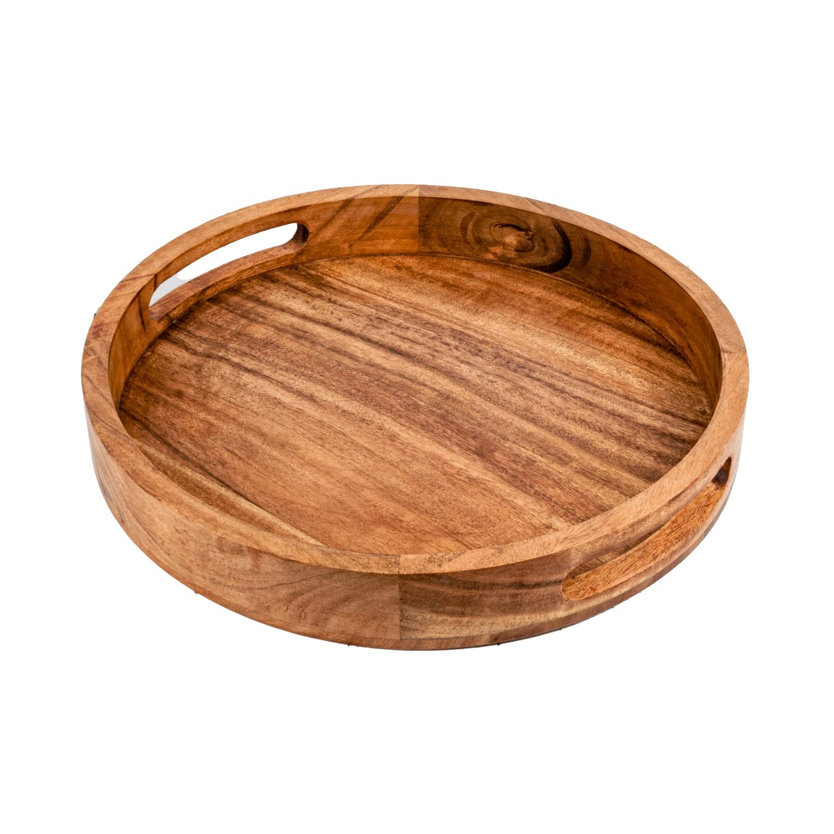 Samhita Round Serving Acacia Wooden Tray with Handles for Serving Beverages & Food on Bar Living Room Home Dining Table (12" x 12" x 1.6") Samhita