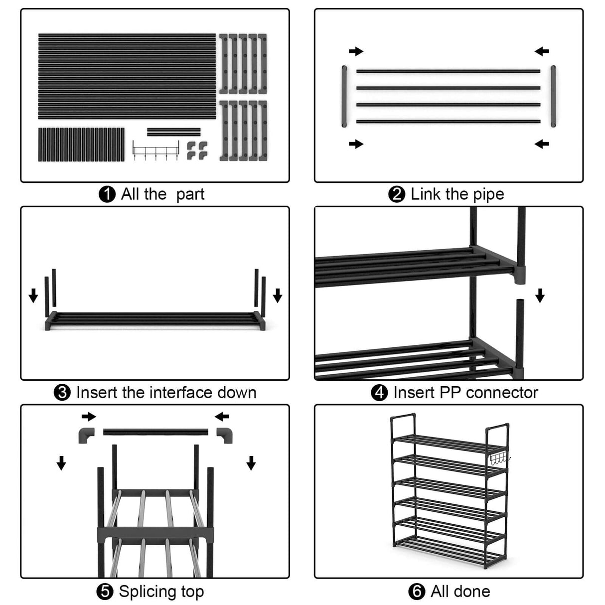 Hsscblet 6 Tiers Metal Shoe Rack,Adjustable Shoe Shelf Storage Organizer with Hooks,Stackable Boot & Shoe Storage,for Entryway,Hallway,Closet,Black Hsscblet