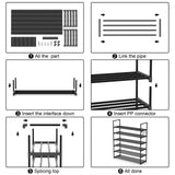 Hsscblet 6 Tiers Metal Shoe Rack,Adjustable Shoe Shelf Storage Organizer with Hooks,Stackable Boot & Shoe Storage,for Entryway,Hallway,Closet,Black Hsscblet