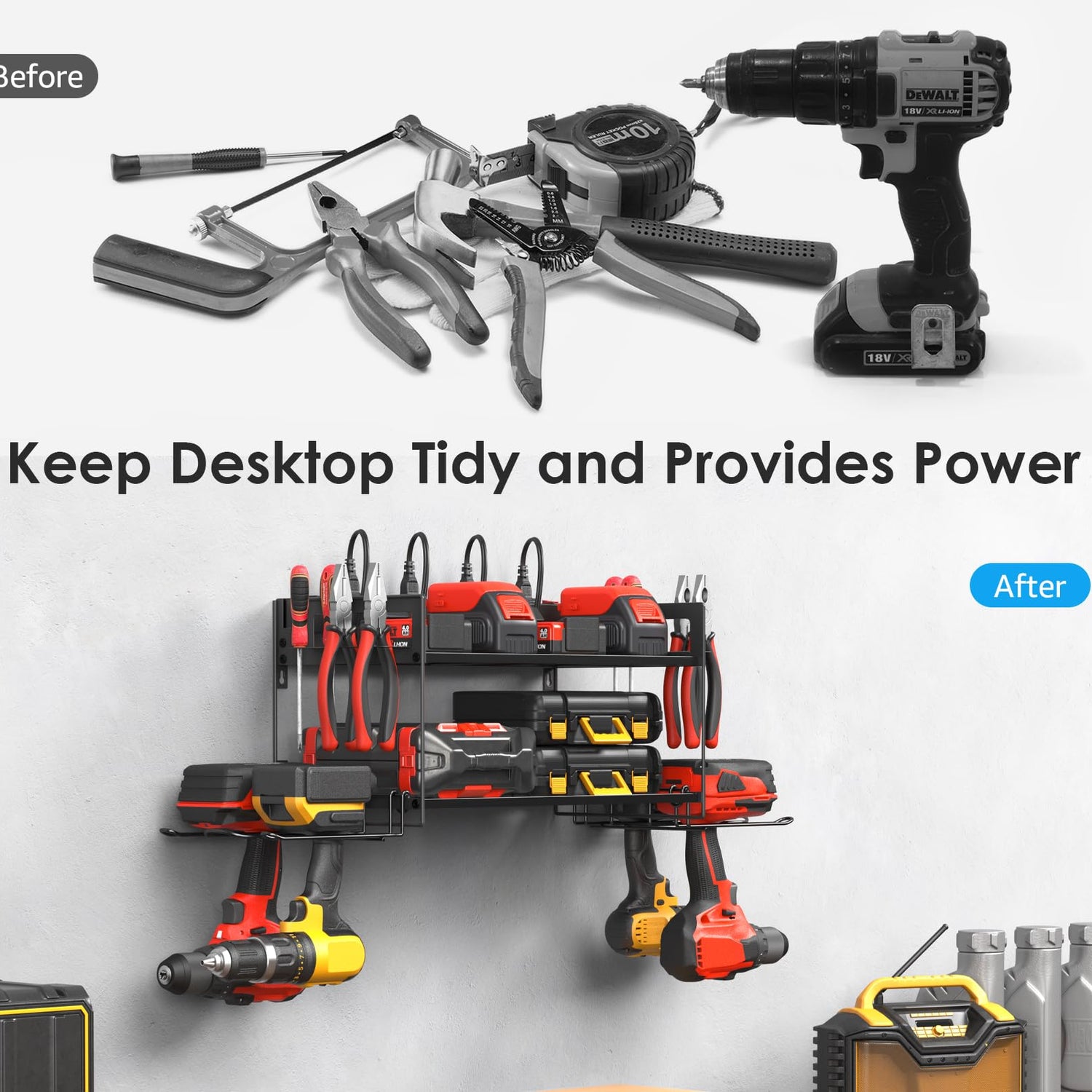 CCCEI Garage Tools Storage with Charging Station. Power Tool Battery Organizer Utility Shelf with Power Strip. 4 Drills Holder Wall Mount Rack, CCCEI