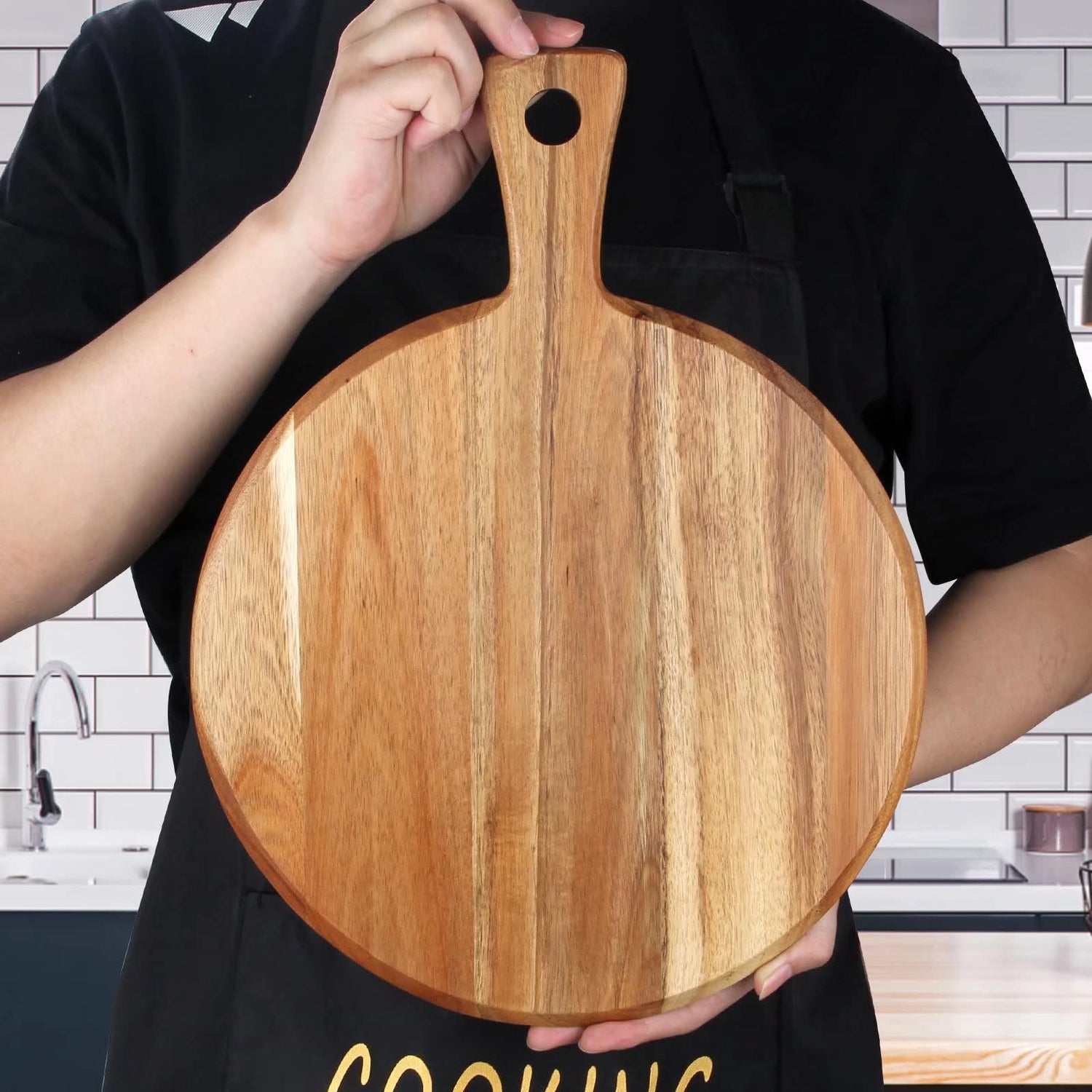 Acacia Wood Cutting Board with Handle Wooden Chopping Board Round Paddle Cutting Board for Meat Bread Serving Board Charcuterie Boards Chopping Ayiaren