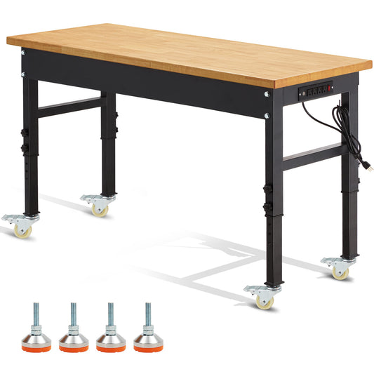 Antifir 60" ×24'' Adjustable Workbench,Rolling Heavy-Duty Worktable with Power Outlet and Wheels,Large Load Capacity Rubber Wood Top Workbench for - WoodArtSupply