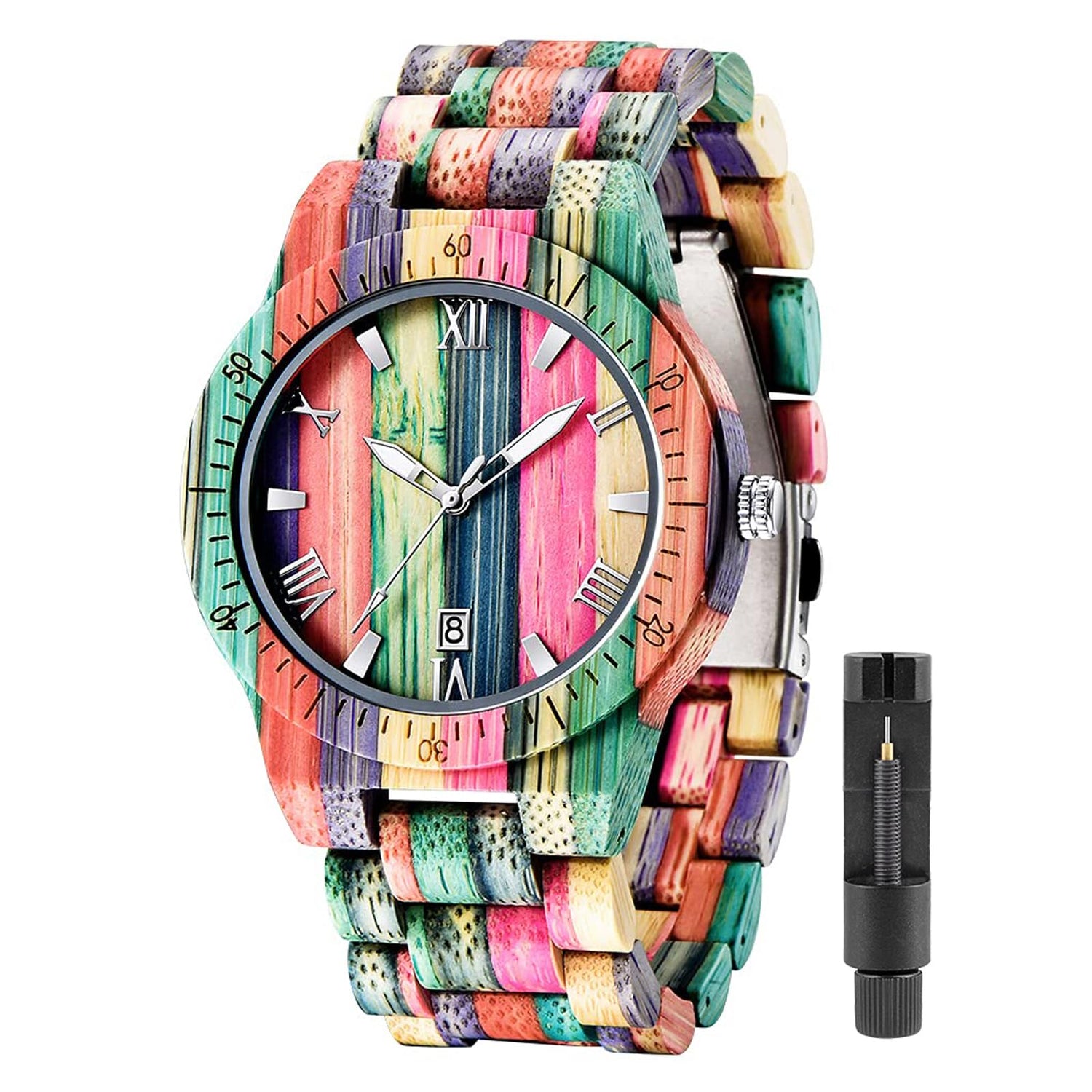 Tiong Brand Wooden Watches Mens with Handmade Colorful Bamboo Wood Watch Analog Date Quartz Wooden Watch for Men Tiong