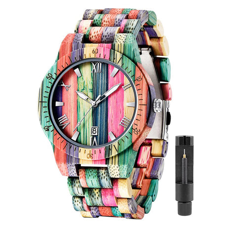 Tiong Brand Wooden Watches Mens with Handmade Colorful Bamboo Wood Watch Analog Date Quartz Wooden Watch for Men Tiong