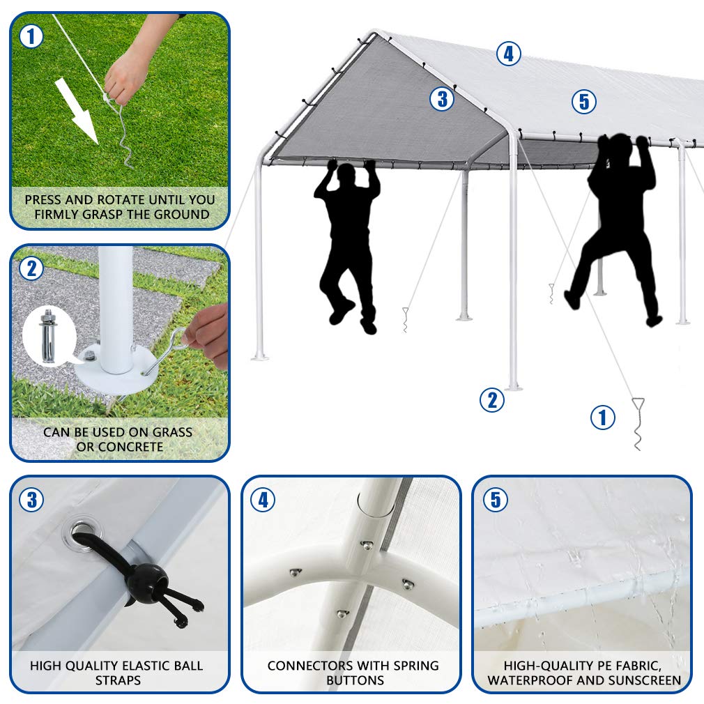 FDW Carport Car Port Party Tent Car Tent 10x20 Canopy Tent Metal Carport Kits Outdoor Garden Gazebo, Not Good for Strong Wind Condition FDW