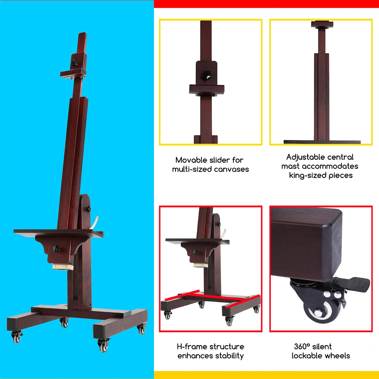 MEEDEN Extra Large Studio Easel, Professional Artist Easel, Heavy Duty Floor Easel, Tilts Flat Easily, Rosewood Finished, Holds Canvas Art up to 71” MEEDEN