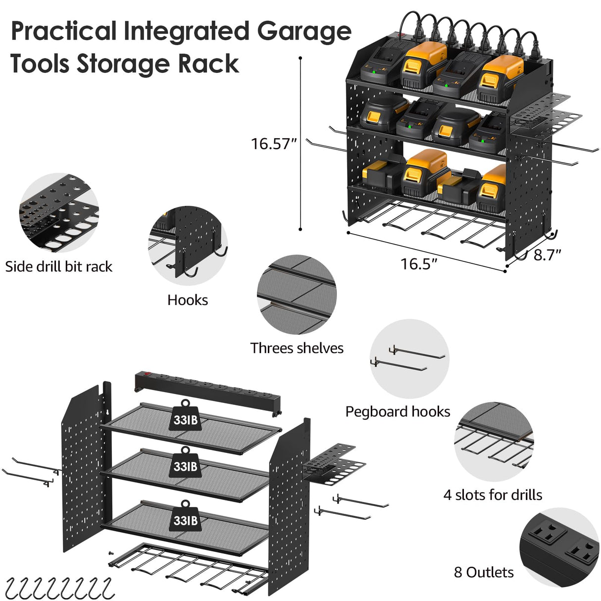 CCCEI Modular Pegboard Rack Power Tool Organizer with Charging Station. 4 Layer Wall Mount Drill Holder, Mechanic Tool Battery Charger Organizer. CCCEI