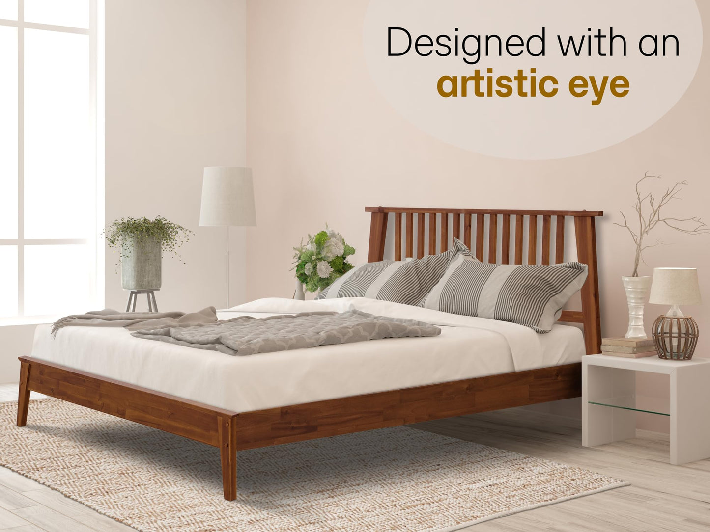 A Acacia Furniture Kaylin Queen Bed Frame with Headboard - Solid Wood Scandinavian Design - WoodArtSupply