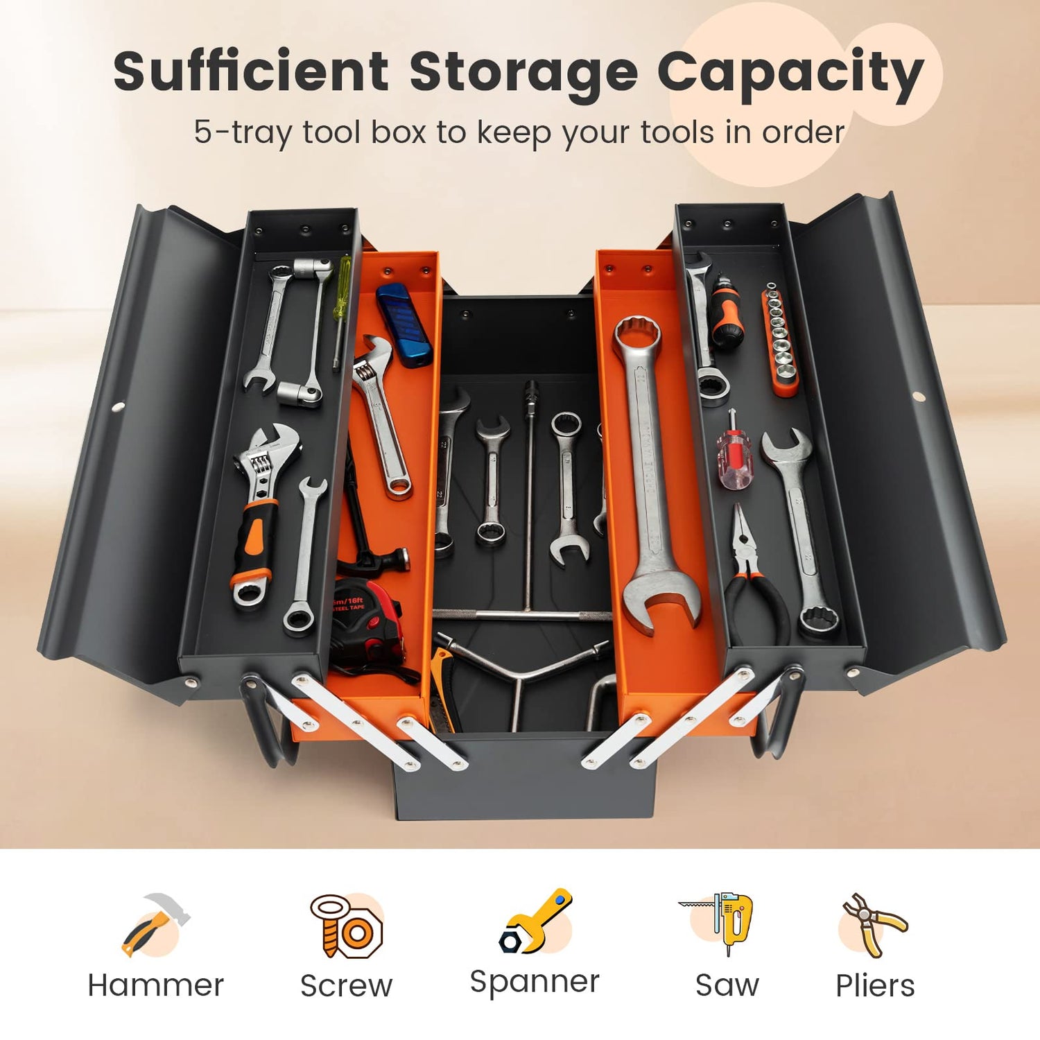 S AFSTAR 22 Inches Tool Box, 3-Layer 5-Tray Metal Toolbox w/Full-Length Handles & Lock Hole Design, Portable Storage Toolbox, Folding Tool Organizer S AFSTAR