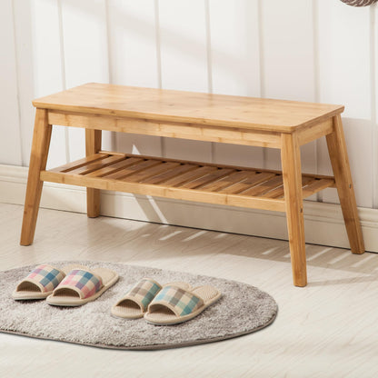 Nnewvante Bamboo Entryway Bench, 2 Tier Indoor Storage Bench, Dining Bench for Hallway, Living Room, Kitchen 33.46"