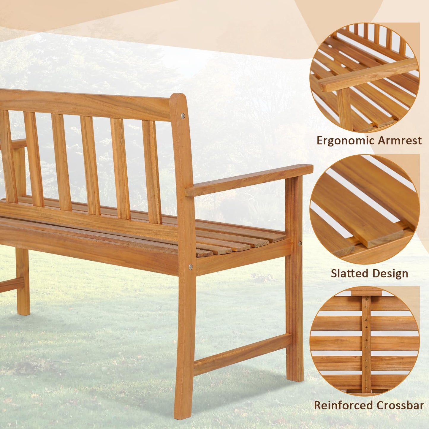 Tangkula Outdoor Acacia Wood Bench, 2-Person Garden Bench with Backrest and Armrests, Garden Bench with Slatted Seat for Porch, Park, Backyard, 800