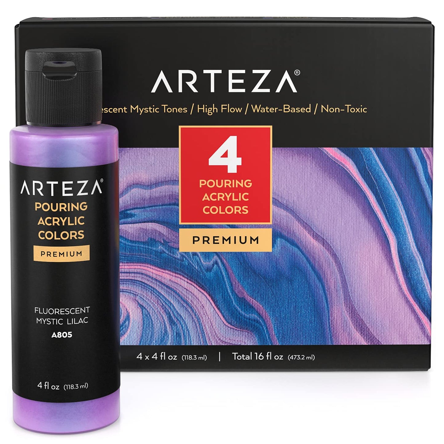 Arteza Iridescent Pouring Acrylic Paint, Set of 4, Mystic Tones, 4 fl oz Bottles, High-Flow Pouring Paint, Art Supplies for Canvas, Glass, Wood, - WoodArtSupply