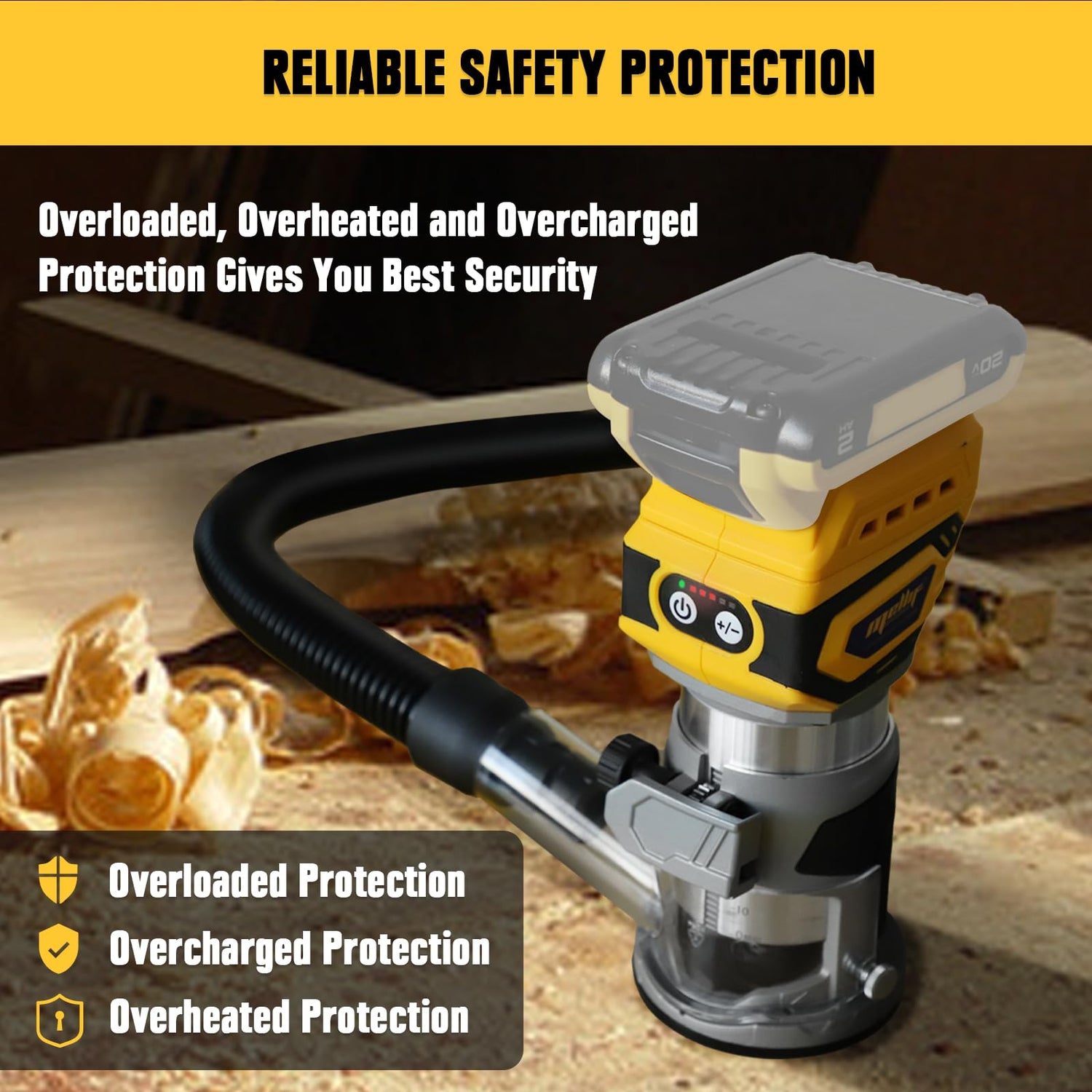 Cordless Router Tool, Mellif 600W Brushless Trim Router for DeWalt 20V MAX Battery(NOT Included) 28,000RPM 5 Variable Speeds, Fixed Base, 12PCS 1/4" WITLIGHT
