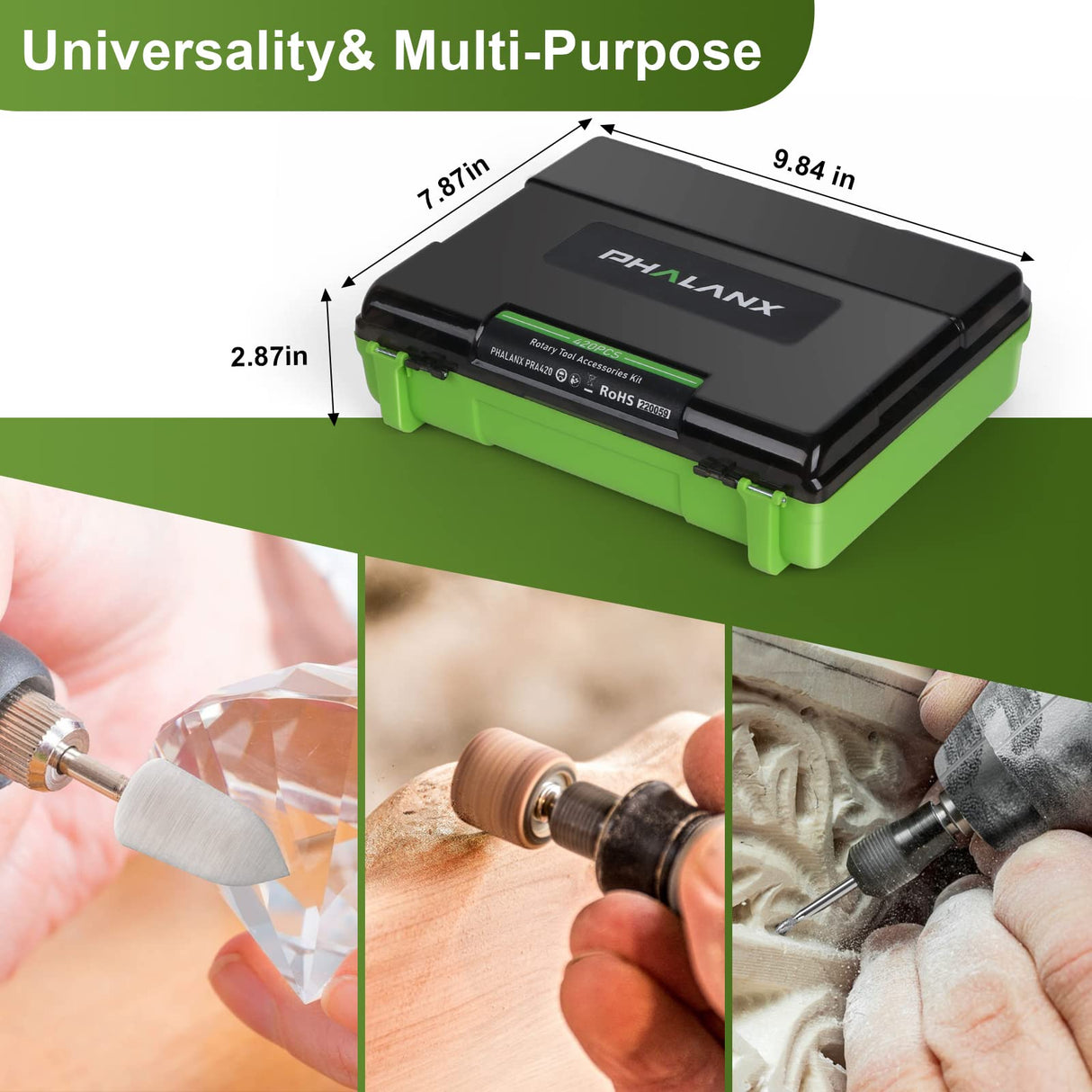 PHALANX Rotary Tool Accessory Kit, 420 Pcs Accessories Kit, 1/8"(3.2mm) Diameter Shanks, Universal Fitment All Rotary Tool for Easy Cutting, Sanding, PHALANX