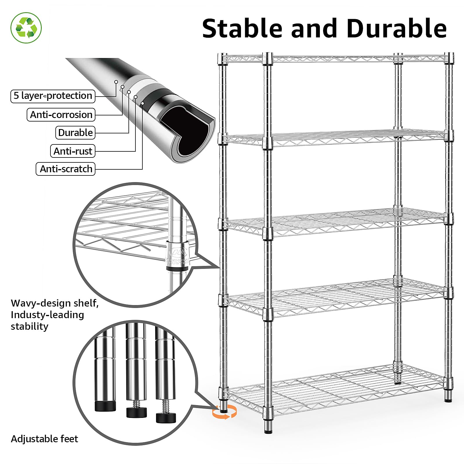 MZG Steel Heavy Duty 5-Tier Utility Shelving Unit Steel Organizer Wire Rack for Home,Kitchen,Office,Chrome (14" D x 24" W x 63" H) - WoodArtSupply