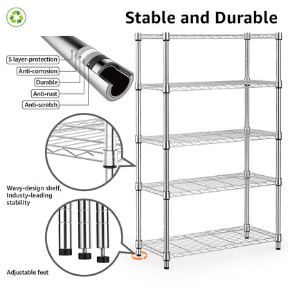 MZG Steel Heavy Duty 5-Tier Utility Shelving Unit Steel Organizer Wire Rack for Home,Kitchen,Office,Chrome (14" D x 24" W x 63" H) - WoodArtSupply