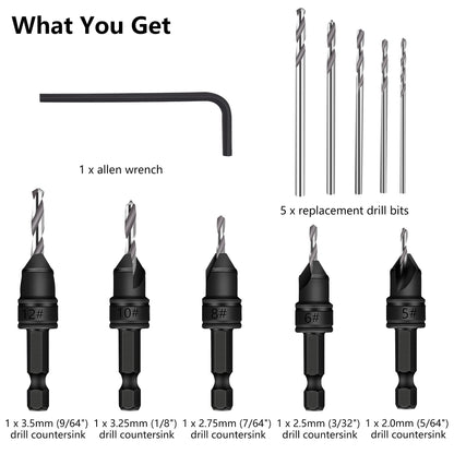 MulWark 82° Countersink Drill Bit Set incl. 5pcs Free Replaceable HSS Drill Bits for Wood｜3/8" Quick-Change -Chamfered Adjustable Drilling Tool Kit - WoodArtSupply