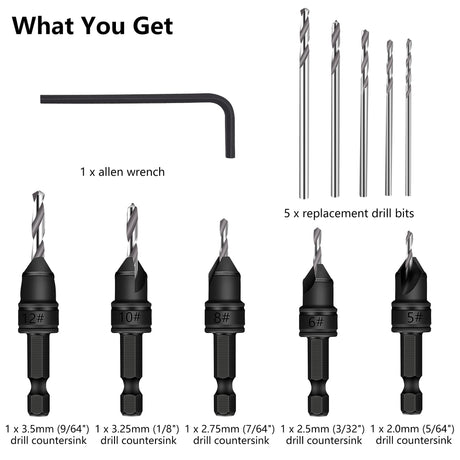 MulWark 82° Countersink Drill Bit Set incl. 5pcs Free Replaceable HSS Drill Bits for Wood｜3/8" Quick-Change -Chamfered Adjustable Drilling Tool Kit MULWARK