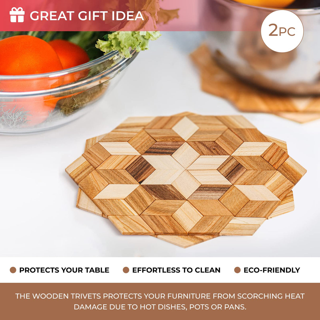 Wooden Trivets for Hot Dishes - 2 pcs Natural Handmade Wood Trivet Mat - Sturdy and Durable 7.5'' Kitchen Hot Pads - Wooden Trivet Frame for Hot Pots KIBS group