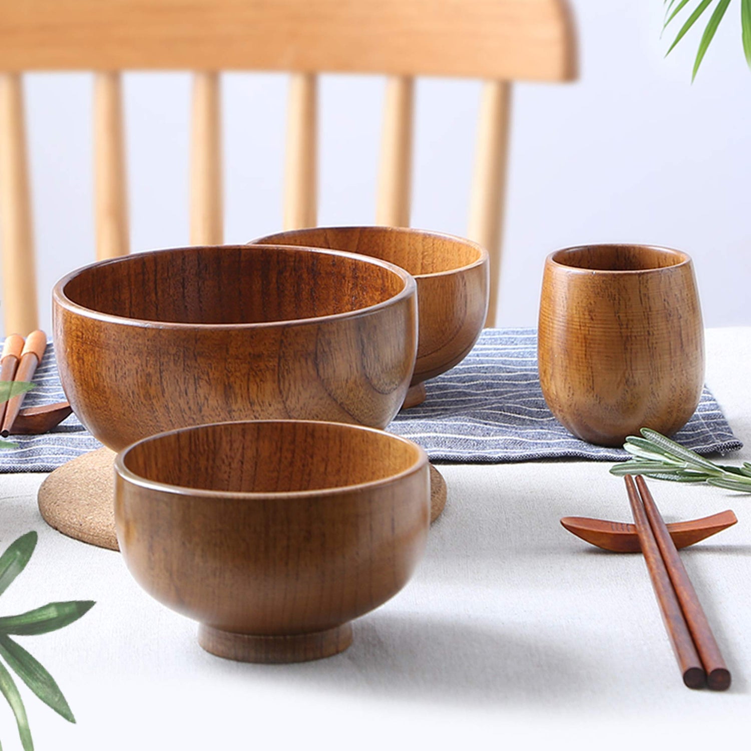 Originalidad Handmade Wood Bowls, Jujube Wooden Japanese Bowls with Matching Spoon for Rice, Soup, Dip, Salad, Tea, Decoration 4 Sets (4 Bowls 4.2 IN Originalidad